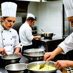 **

A bustling culinary classroom during a CAP Cuisine practical exam. Focus on the controlled chaos: students in chef whites intensely focused on their tasks, the glint of knives, steam rising from pots, and the stern but encouraging gaze of the instructors. The overall atmosphere should convey both the pressure and the excitement of high-stakes cooking. Add a subtle touch of molecular gastronomy equipment in the background.

**