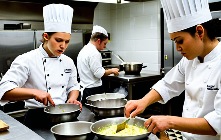 **

A bustling culinary classroom during a CAP Cuisine practical exam. Focus on the controlled chaos: students in chef whites intensely focused on their tasks, the glint of knives, steam rising from pots, and the stern but encouraging gaze of the instructors. The overall atmosphere should convey both the pressure and the excitement of high-stakes cooking. Add a subtle touch of molecular gastronomy equipment in the background.

**