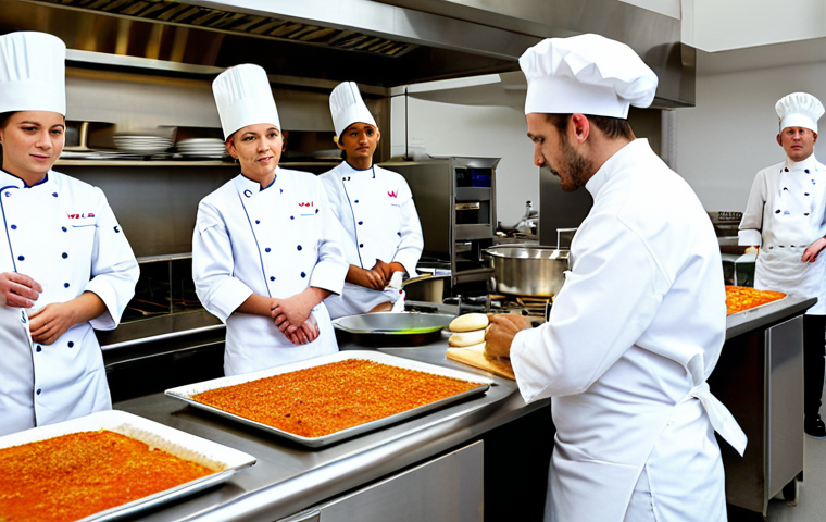 Culinary School Classroom**

"A bright, modern culinary classroom in Paris, France. Students are fully clothed in chef's whites and toques, attentively watching a seasoned chef demonstrate a classic French technique. Stainless steel equipment, gleaming countertops, and fresh ingredients are visible. Focus on the hands of the chef. Safe for work, appropriate content, fully clothed, professional culinary environment, perfect anatomy, correct proportions, natural pose, high quality."

**