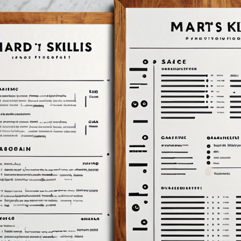 **

A well-organized chef's resume with a modern and clean design. The resume features sections for "Hard Skills" (knife skills, sauce making) and "Soft Skills" (teamwork, creativity). The background is a subtly textured parchment, implying culinary expertise. The overall impression is professional and inviting. safe for work, appropriate content, fully clothed, professional. perfect anatomy, correct proportions, natural pose, professional photography, high quality.

**