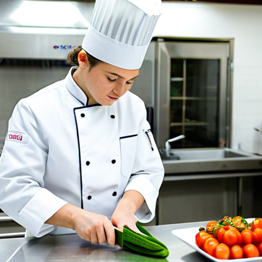 CAP Cuisine Student**

"A focused student, fully clothed in a clean, white chef's coat, practicing knife skills on vegetables in a well-equipped, professional French culinary school kitchen. Bright, natural light. Safe for work, appropriate content, professional, family-friendly, perfect anatomy, correct proportions, well-formed hands, proper finger count, natural pose, modest attire."

**