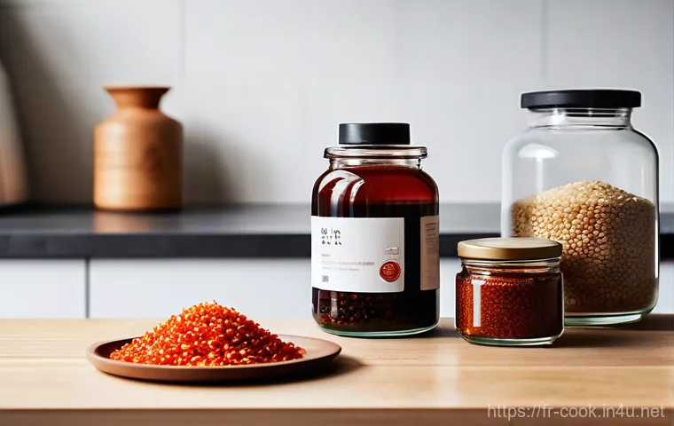 한식조리 자격증 실무 핵심 스킬 - **Prompt:** A beautifully arranged still life of essential Korean cooking ingredients on a minimalis...