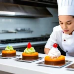 Home 15 양식조리 실기 시험 메뉴 구성 - A professional female pastry chef, wearing a crisp white chef's jacket and a clean apron, meticulous...