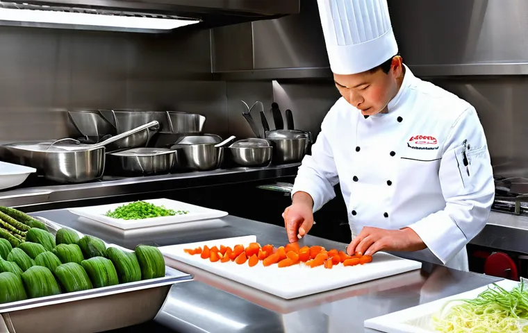 중식조리사 실기 시험 주요 포인트 - **Mise en Place and Knife Mastery:**
    A highly detailed image of a professional chef, male or fem...