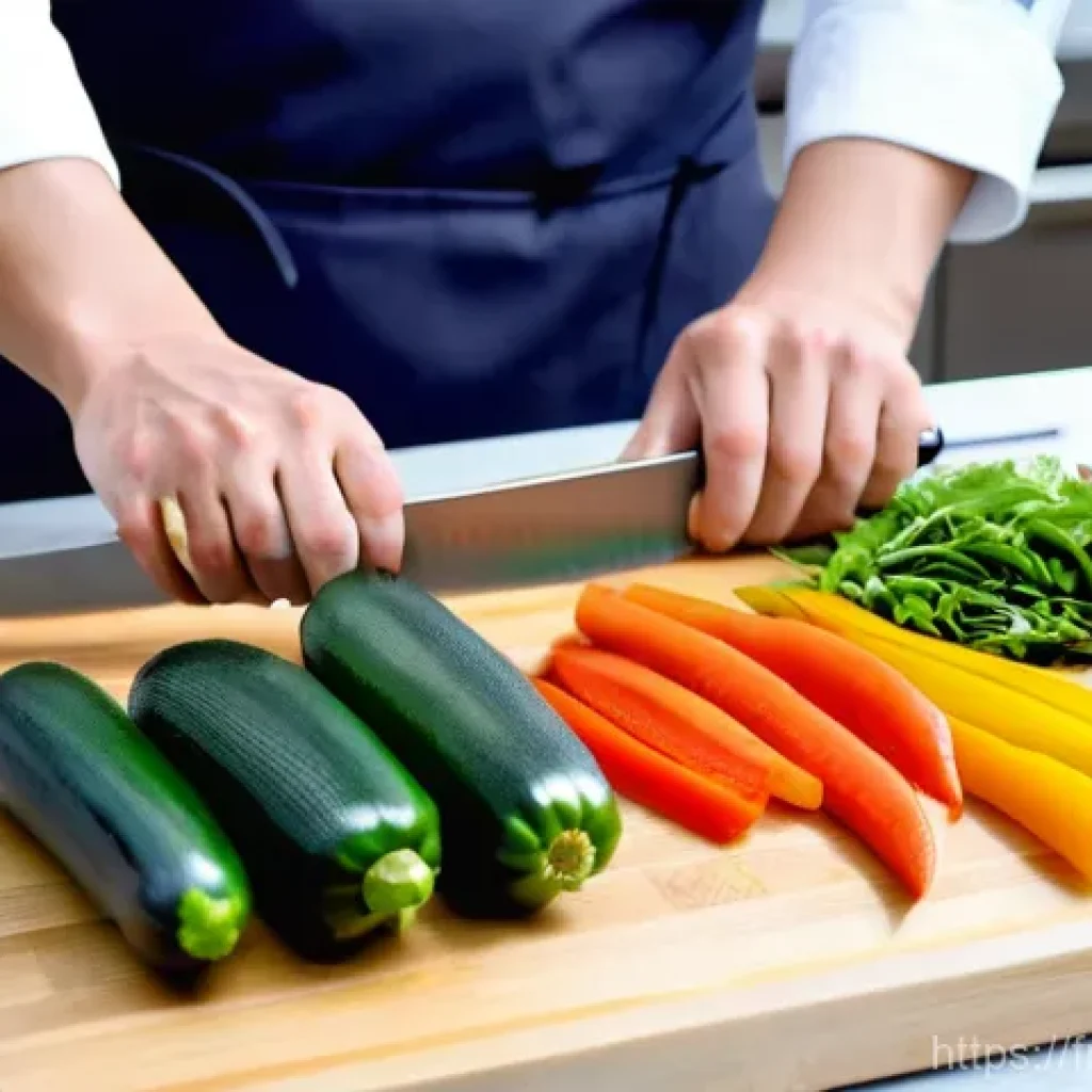 한식조리사 실기 연습 도구 - **Prompt:** A close-up, high-angle shot of a chef's hands expertly dicing various colorful vegetable...