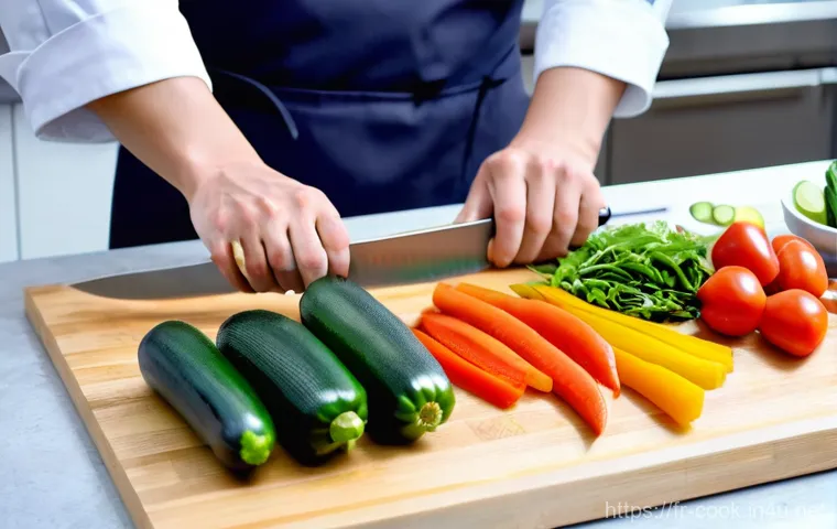 한식조리사 실기 연습 도구 - **Prompt:** A close-up, high-angle shot of a chef's hands expertly dicing various colorful vegetable...