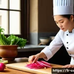 Home 17 한식조리사 추천 시험 준비 자료 - A focused and determined young French chef, wearing a crisp, clean chef's jacket, meticulously slici...
