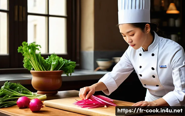 한식조리사 추천 시험 준비 자료 - A focused and determined young French chef, wearing a crisp, clean chef's jacket, meticulously slici...