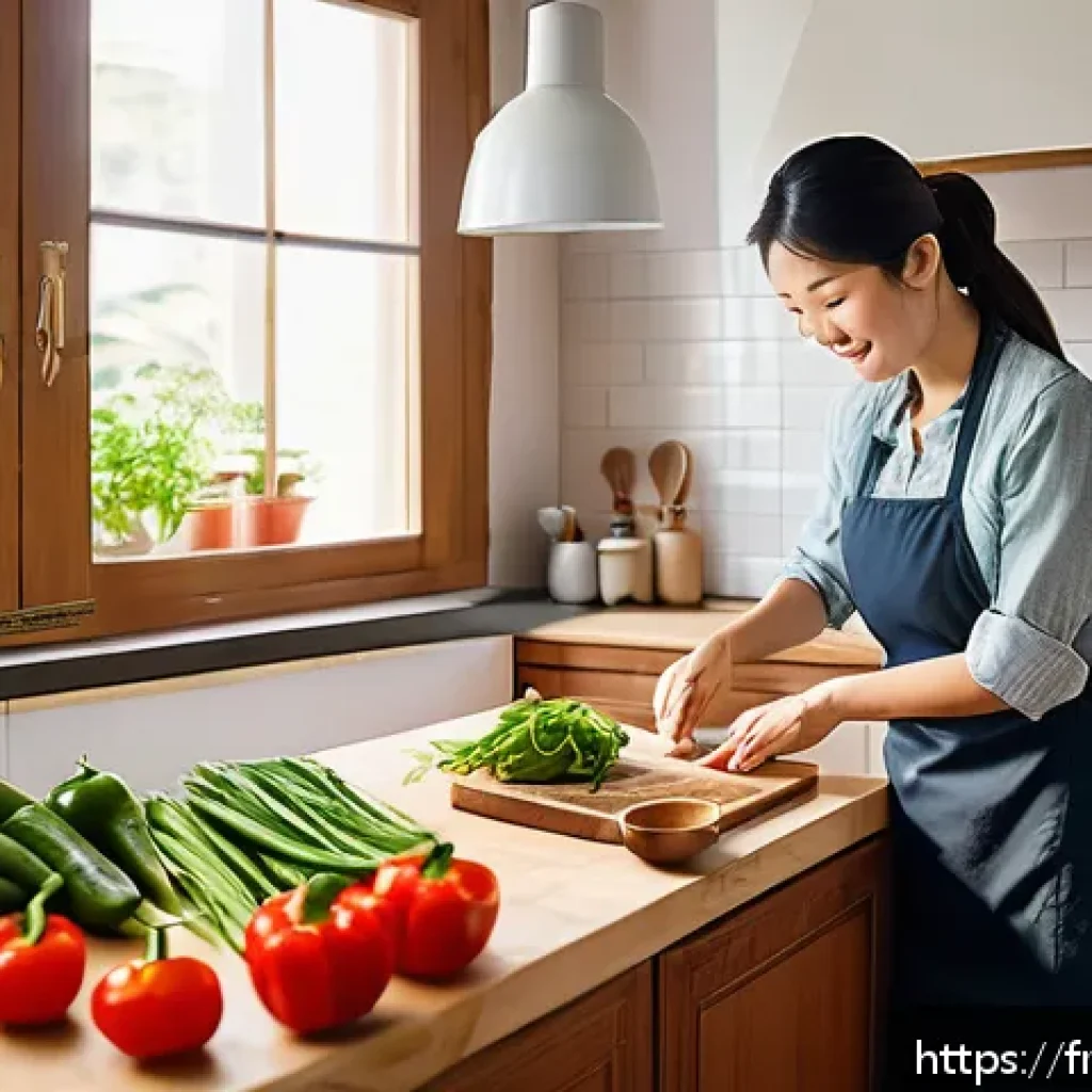 중식조리 자격증 실기 준비 기간 - A bright and inviting modern kitchen scene featuring a young French woman in casual attire wearing a...
