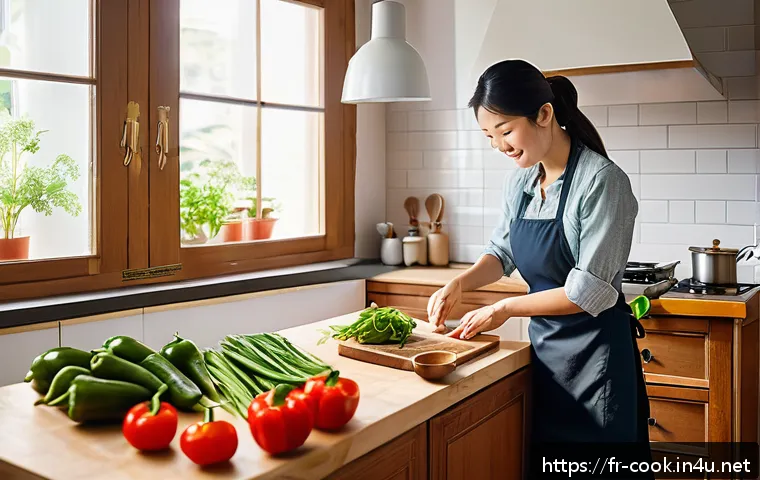 중식조리 자격증 실기 준비 기간 - A bright and inviting modern kitchen scene featuring a young French woman in casual attire wearing a...