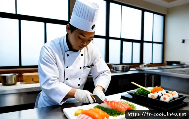 일식조리사 전문성 강화를 위한 코스 - Photorealistic French culinary institute kitchen, a focused adult chef trainee in clean white unifor...